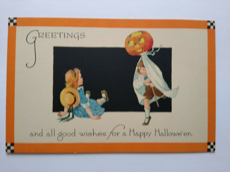 Vintage Halloween Postcard Gibson Checker Corners Unused Original Children Ghost