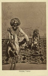 india, Native Juggler Juggling, Monkey Trainer, Two Monkeys (1920s) Postcard