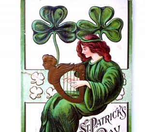 St Patricks Day Postcard Women Playing Harp Clovers Lions Head Embossed Torn