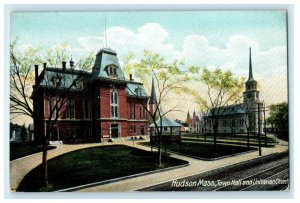 c1910 Town Hall and Unitarian Church, Hudson Massachusetts MA Postcard 