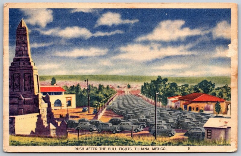 Vtg Tijuana Mexico Rush After The Bull Fights Traffic Old Cars 1940s Postcard