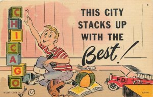 Postcard 1940s Illinois Chicago Toy Blocks boy civic booster Comic TP24-2699