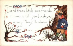 Whtney Christmas Little Boy With Snowballs Bluebirds Vintage Postcard