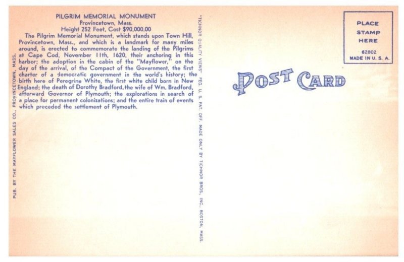 Pilgrim Memorial Monument Provincetown Massachusetts Postcard
