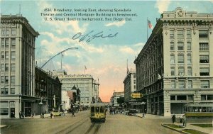 Automobiles Trolley Broadway Spreckles US Grant Hotel C-1910 Postcard 12297