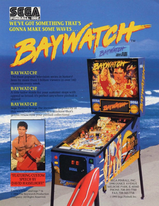 Baywatch 1995 Original Arcade Pinball FLYER Pamela Anderson David Hasselhoff Art