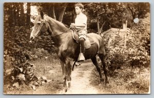 Vintage RPPC Real Photo Postcard - Young Boy Riding Horse