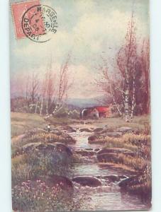 Pre-1907 foreign MAN IN THE DISTANCE FISHING IN COUNTRY STREAM HL7580