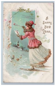 Happy New Year Woman Snow Shoes Horn Postcard