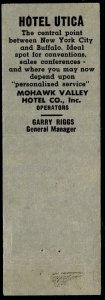 Utica, NY - Hotel Utica - matchbook cover