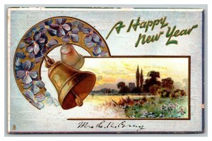 Vintage 1908 Tuck's New Year's Postcard Gold Bell Purple Flowers in Meadow NICE