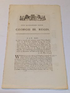 1803 Georgian Era Irish Parliamentary Act Leaf Bank of Ireland Cash Law