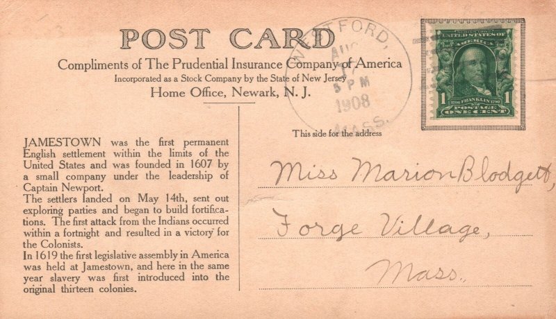 Vintage Postcard 1908 Jamestown First Permanent English Settlement Virginia VA