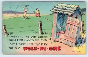 GOLF COMIC- OUTHOUSE HUMOR: Hole-in-One!  c1940s Linen Postcard