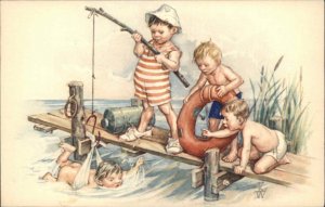 A/S KW Little Boys Fishing Catch Baby Bare Butt Vintage Postcard