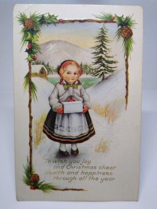 Christmas Postcard Whitney Girl Standing In Snow Village Pinecones 1916 Buffalo