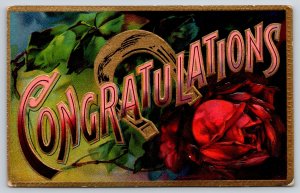 Large Letter Congratulations~Gold Horseshoe~Red Rose~Emb~Germany 1440~Vintage PC