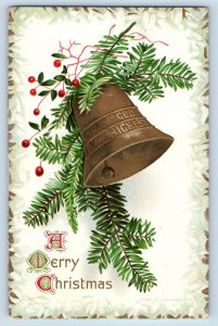Ellen Clapsaddle Artist Signed Postcard Christmas Ringing Bell Berries Embossed