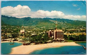 1961 Hawaiian Village Hotel Duke Kahanamoku Beach Honolulu Skyline HI Postcard