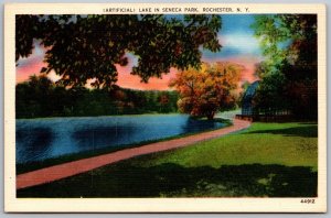 Postcard Rochester New York NY Seneca Park Lake Path Trees 1930s Linen