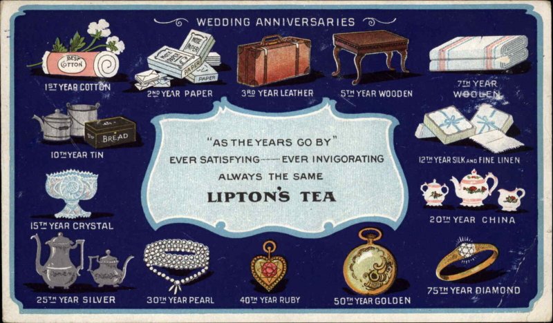 Lipton's Tea Wedding Anniversaries Tea Set Pocket Watch Ad c1910 Postcard