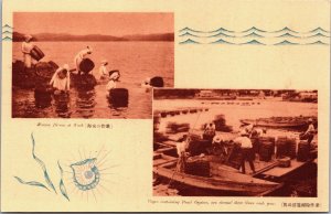 Japan Women Divers At Work Cages Pearl Oysters Vintage Postcard C045