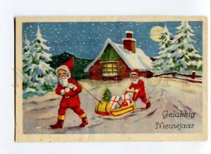3015209 Two SANTA CLAUS with Sled NEW YEAR Vintage PC