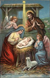 Christmas   Nativity Scene Baby Jesus Manger Mary Embossed Vintage Postcard