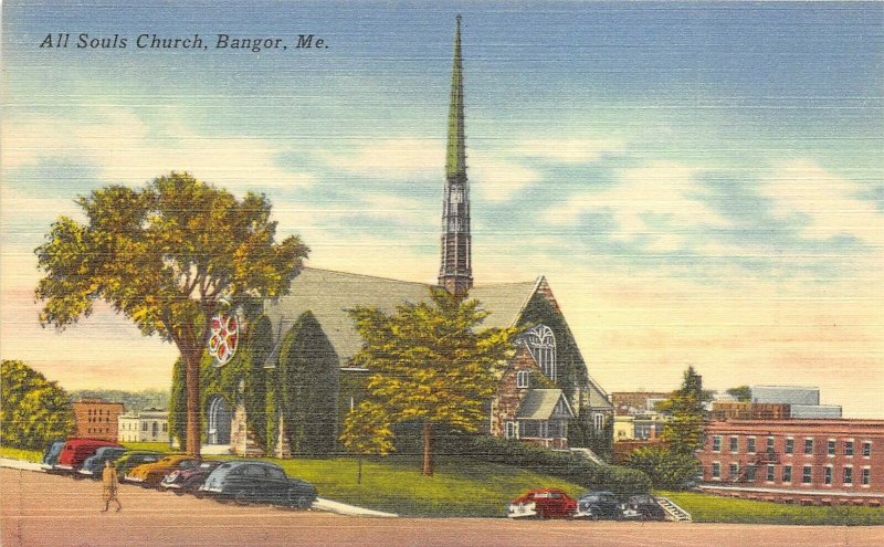 Bangor Maine 1940s Postcard All Souls Church Cars