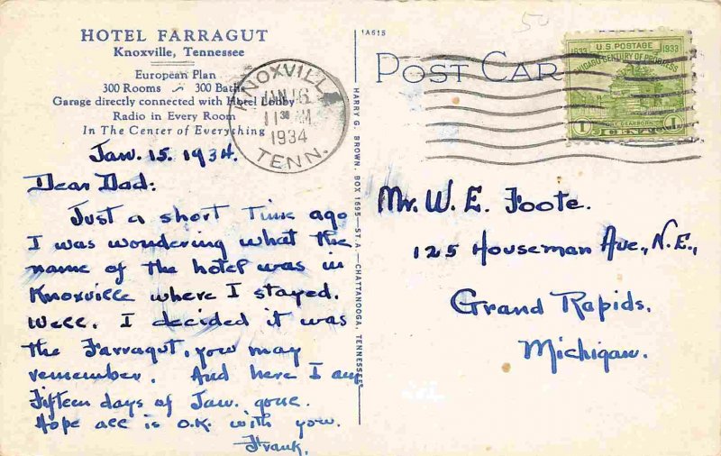 Hotel Farragut Map Knoxville Tennessee 1934 postcard