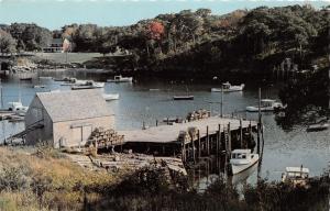 Maine~Lobster Boats in Harbor~Cages on Dock & by Shed~House Bknd~1979 Postcard