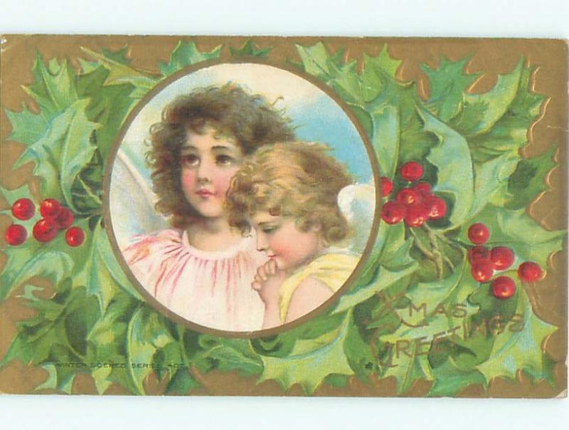 Pre-Linen christmas PAIR OF PRETTY ANGELS WITH HOLLY W6921