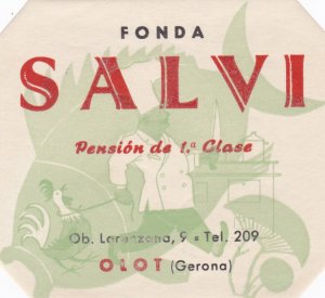 Spain Gerona Olot Pension Fonda Salvi Vintage Luggage Label sk2785