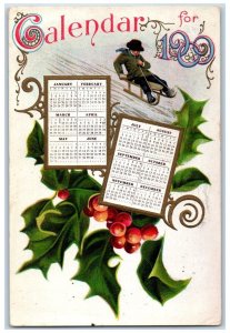 1908 Christmas Boy Sledding Holly Berries Calendar Embosses Reading PA Postcard
