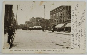 Gloversville NY Corner Main & Fulton Sts Man on Bicycle to Greenwich Postcard Q6