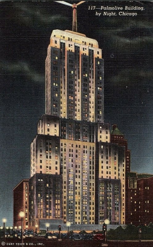 Nice Teich Linen Palmolive Building by Night, Chicago, Ill. Postcard P124 