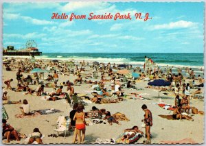 Hello From Seaside Park New Jersey NJ Sparkling Sandy Beach Bathers Postcard