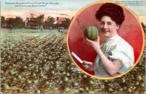 Postcard advert IL Rockford Buckbee's Seeds - Woman holding musk melon