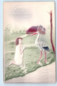 HEARTY CONGRATULATIONS Embossed STORK & CHILD Airbrushed 1910s New Baby Postcard