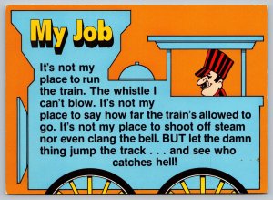 Postcard My Job Train Engineer Disgruntled Train Wreck Crash 1982 Comic Railfans