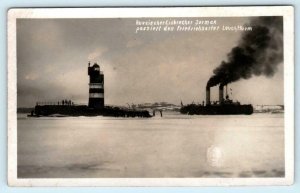 RPPC ~ RUSSIAN ICE BREAKER JERMAK at Friedrichsort Lighthouse 1929 Postcard