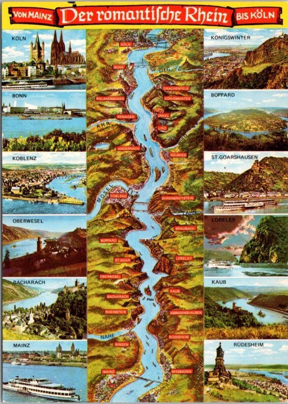 Postcard Germany Map - The Romantic Rhine - From Mainz to Koln