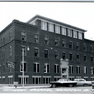 c1950s Hampton, IA RPPC Lutheran Hospital Ford Car Real Photo Postcard Vtg A107