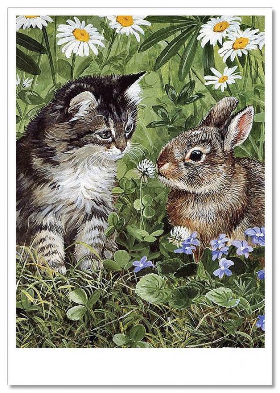 Persis Clayton Weirs ART~ Gray KITTEN and BUNNY Rabbit Russian  Modern Postcard