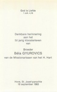 Brother Bela Gyurovics 50 years of monastic life Sacred Heart Missionaries card