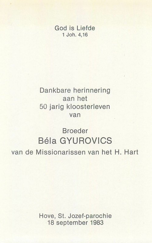 Brother Bela Gyurovics 50 years of monastic life Sacred Heart Missionaries card