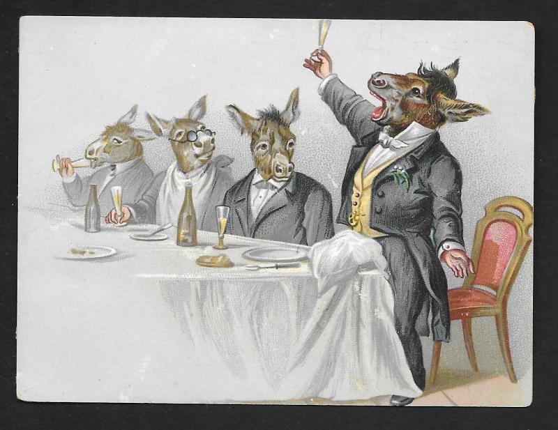 VICTORIAN TRADE CARD Donkeys Dressed as Men Giving a Toast