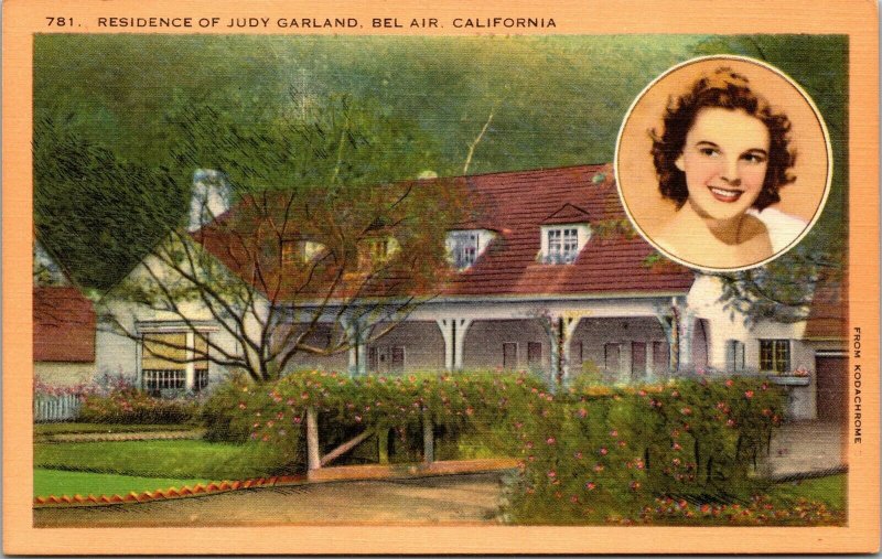 Vtg Bel Air California CA Home House Judy Garland Picture Inset 1940s Postcard 