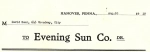 1949 HANOVER PENNSYLVANIA EVENING SUN NEWSPAPER CLASSIFIED AD INVOICE Z3433