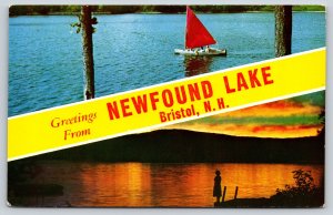 Banner~Greetings From Newfound Lake Bristol NH~Sailboat & Sunset Scenes~Postcard